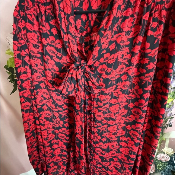 Who What Wear Red Poppies Black Tie Long Sleeve Button Up Blouse XXL - Picture 5 of 11